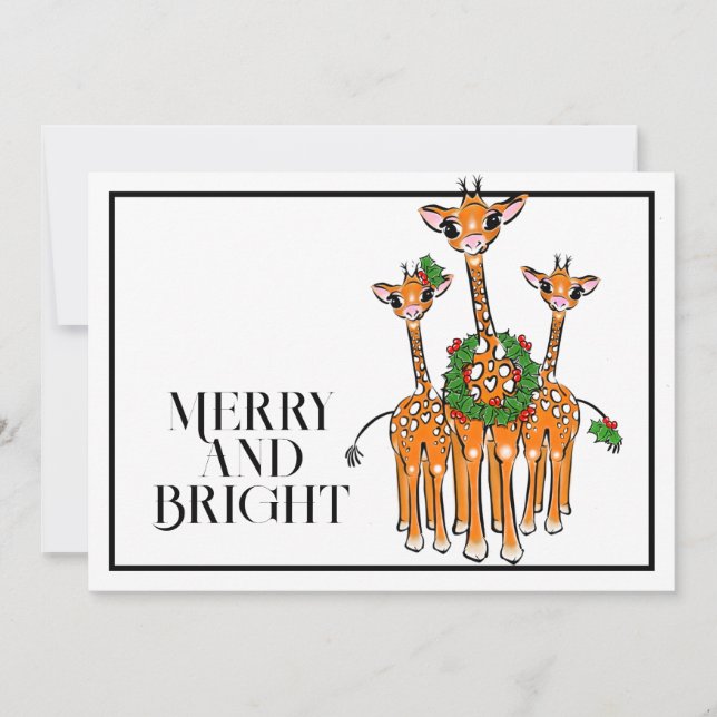Invitation Girafes de fête | couronne rouge verte de Noël (Devant)