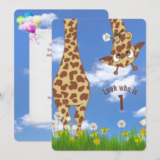 Invitation Giraffe 1er anniversaire (Devant / Derrière)