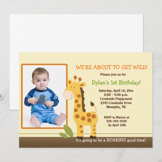 Invitation Giraffe adorable *PHOTO* Anniversaire 5x7 (Devant / Derrière)