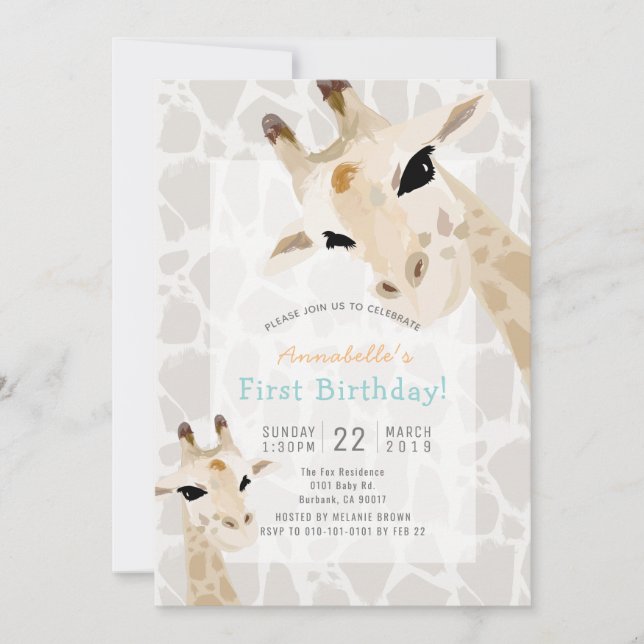 Invitation Giraffe Aquarelle Greige 1er anniversaire (Devant)