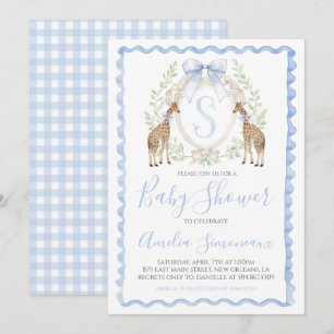 Invitation Giraffe Baby Boy Shower Preppy En vichy Blue