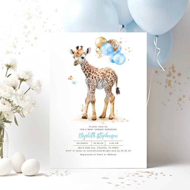 Invitation Giraffe Baby Cute Baby shower Brown et bleu (Giraffe Boy Baby Shower Invitations)