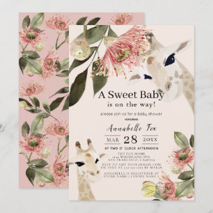 Invitation Giraffe Baby shower Floral Rose fille