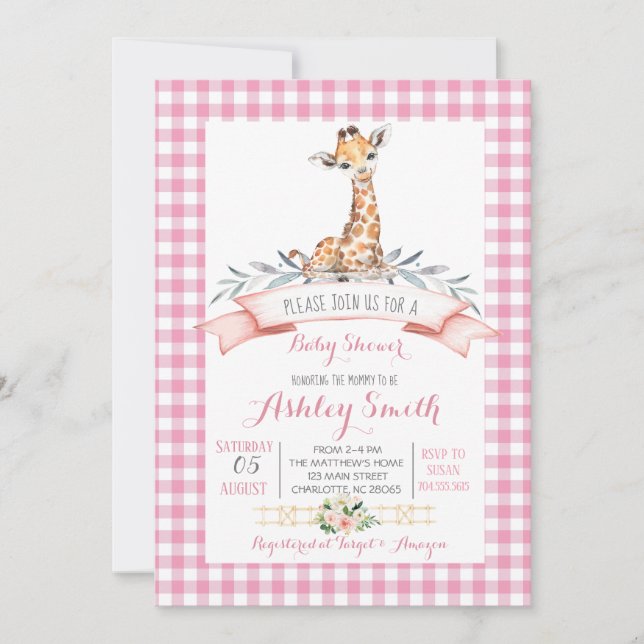 Invitation Giraffe baby shower invitant fille rose (Devant)