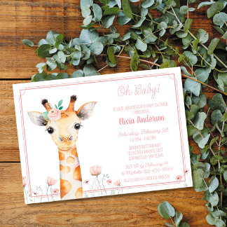 Invitation Giraffe Baby Shower Invitation, Giraffe fille rose