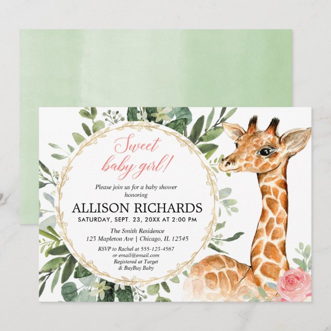 Invitation Giraffe baby shower, Sweet bébé fille thème jungle (Devant / Derrière)