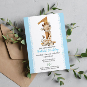Invitation Giraffe Bébé Bleu 1er anniversaire