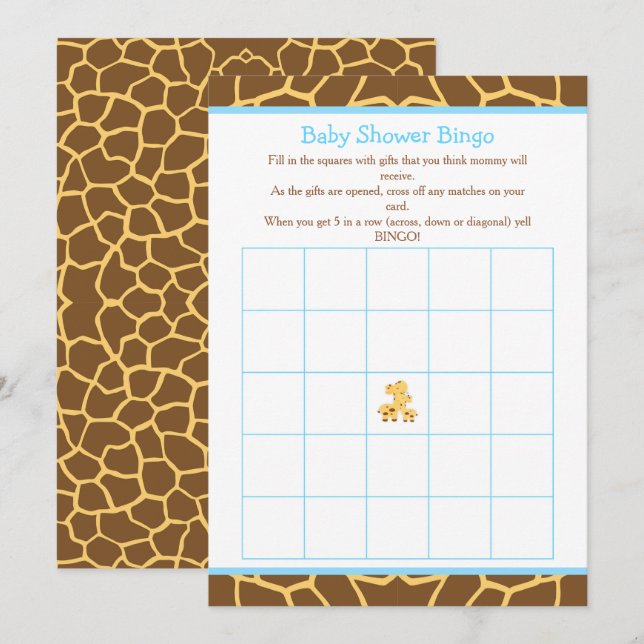 Invitation Giraffe Blue Boy Baby shower Bingo (Devant / Derrière)