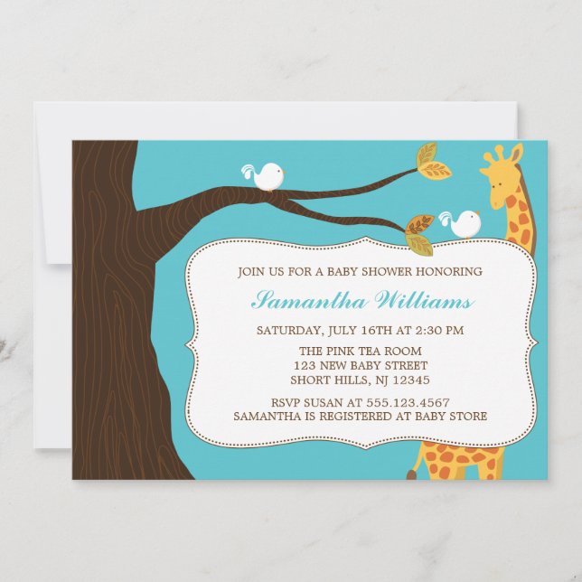 Invitation Giraffe douce et oiseaux Baby shower neutre de gen (Devant)