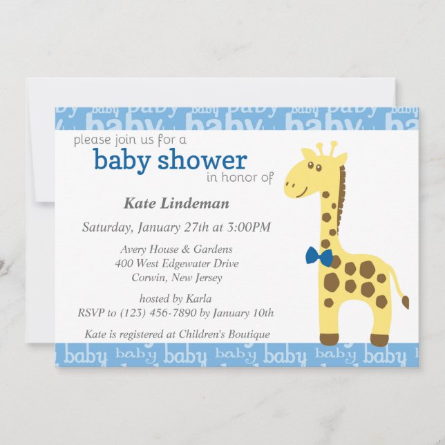 Invitation Giraffe en Baby shower bleu Bow pour garçon (Devant)