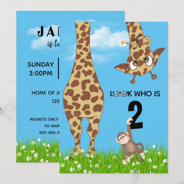 Invitation Giraffe et singe du 2e anniversaire en herbe (Devant / Derrière)
