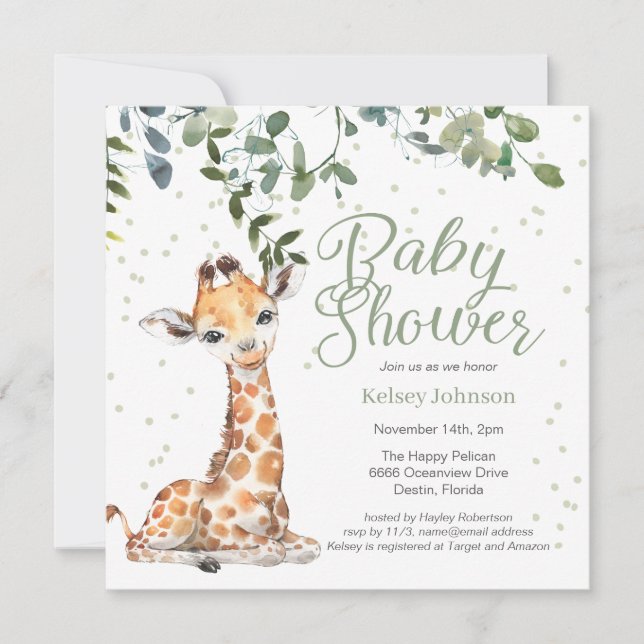 Invitation Giraffe Eucalyptus Baby shower neutre (Devant)