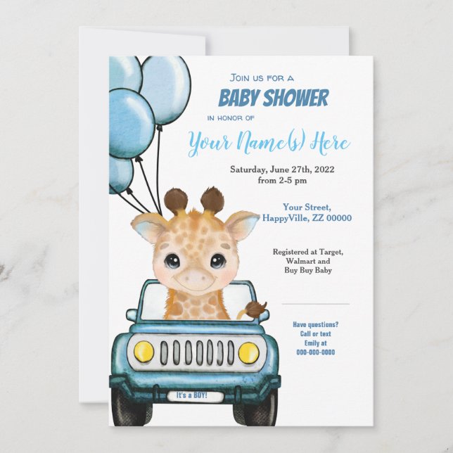 Invitation Giraffe garçon dans le Baby shower de voiture Invi (Devant)