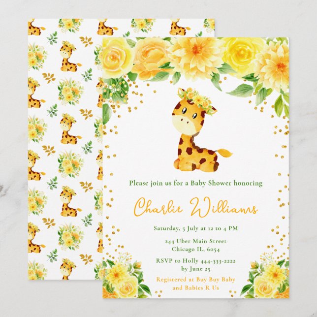 Invitation Giraffe Genre Baby shower neutre (Devant / Derrière)