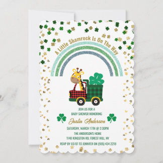 Invitation Giraffe Gold Leprechaun Clover Baby shower arc-en-