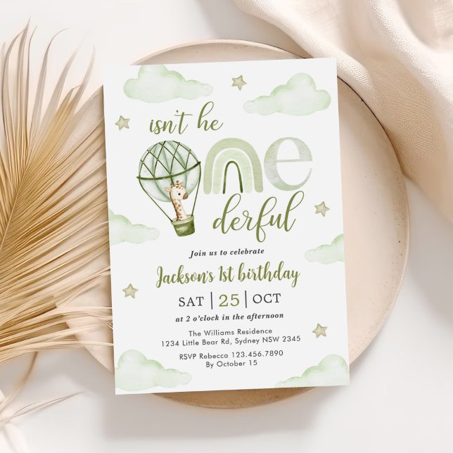 Invitation Giraffe Hot Air Balloon Green Boy 1er anniversaire (Créateur téléchargé)