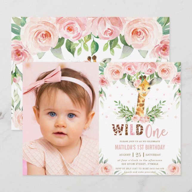 Invitation Giraffe Jungle Blush Floral 1er anniversaire Photo (Devant / Derrière)