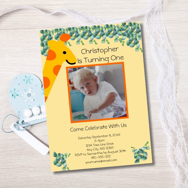 Invitation Giraffe Photo Boys 1er anniversaire (Giraffe Photo 1st Birthday invitation. Printed or digital download)
