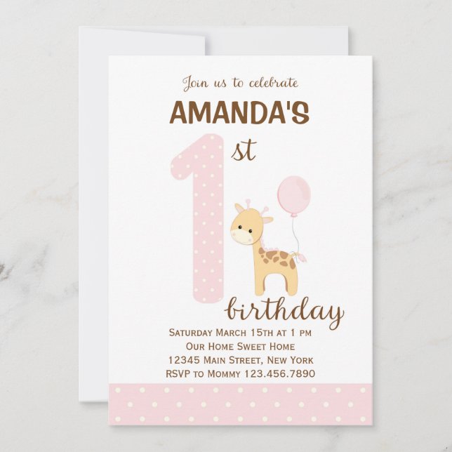 Invitation Giraffe Premier Anniversaire (Rose) (Devant)