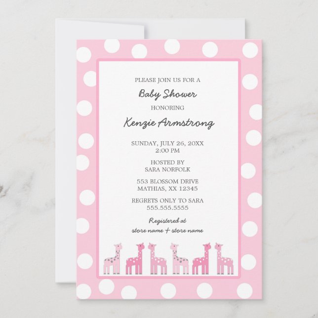 Invitation Giraffe rose baby shower ou fête d'anniversaire (Devant)