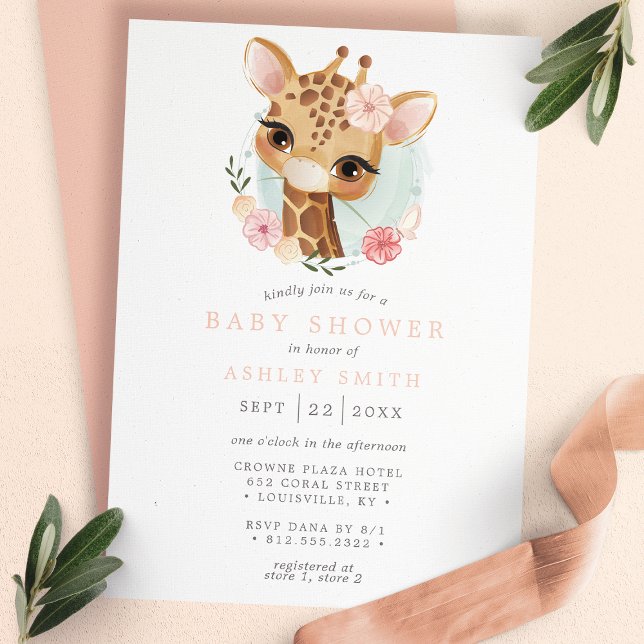 Invitation Giraffe rose Floral Aquarelle fille Baby shower (Créateur téléchargé)