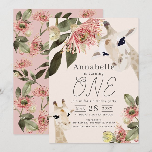 Invitation Giraffe Rose Floral Girl 1er anniversaire (Devant / Derrière)
