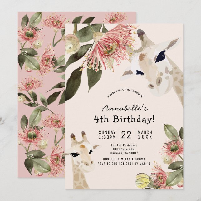 Invitation Giraffe Rose Floral Girl Anniversaire (Devant / Derrière)