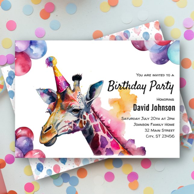 Invitation Giraffe Safari Aquarelle Animal fête d'anniversair (Créateur téléchargé)