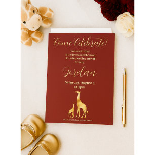 Invitation Giraffe Thème Baby shower Bourgogne et or