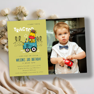 Invitation Giraffe Verte Dans Ferme Tracteur Garçons Photo An