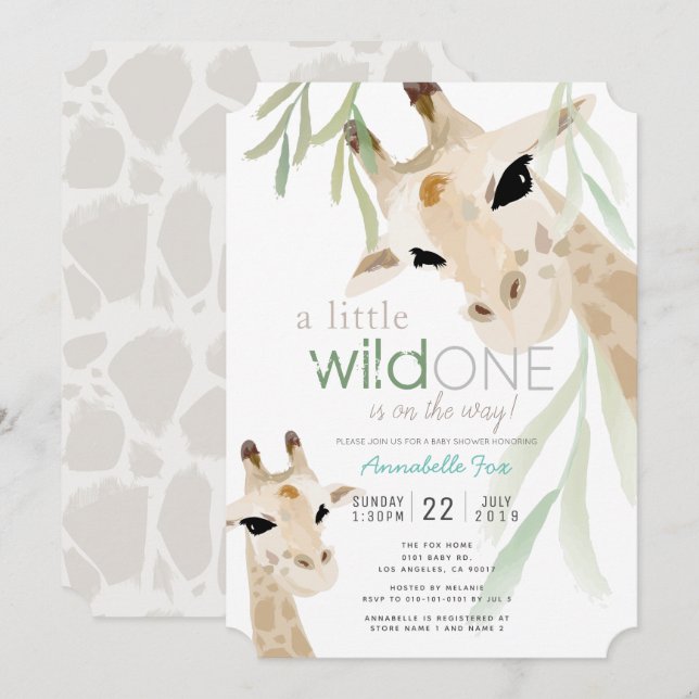 Invitation Giraffe Wild One Aquarelle Gris Baby shower (Devant / Derrière)