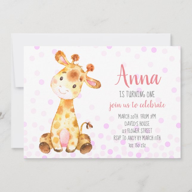 Invitation Giraffy Baby Girl Cute Confetti Anniversaire rose (Devant)