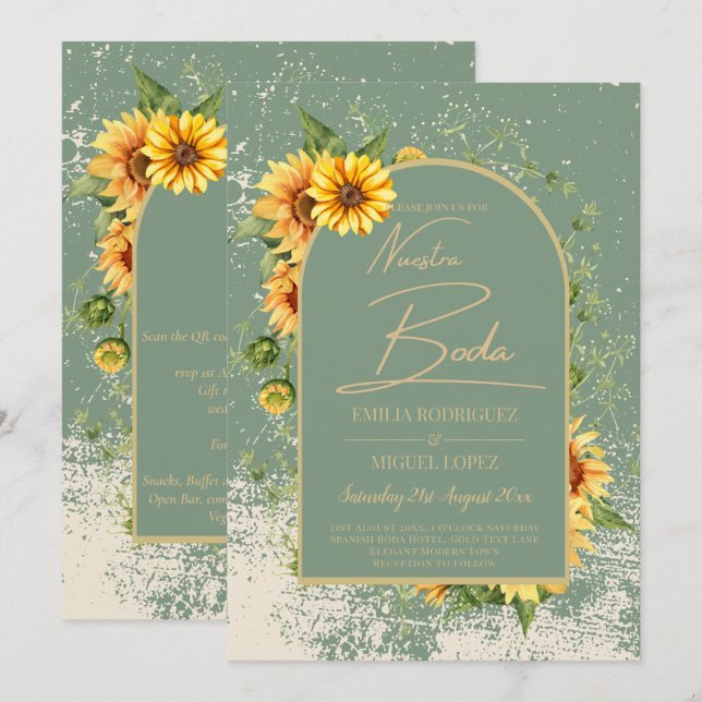 Invitation Girasoles Bilingües Boda Rústica en Verde Salvia (Devant / Derrière)