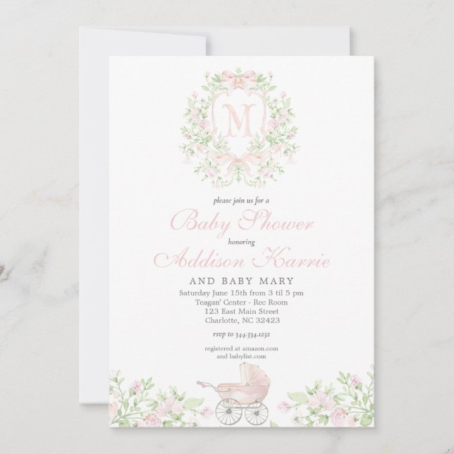 Invitation Girl baby carriage Monogram (Devant)