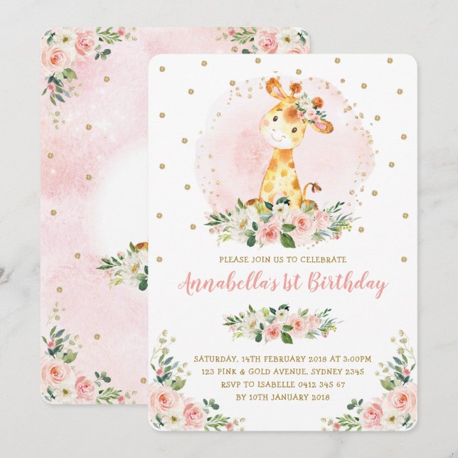 Invitation Girl Baby Giraffe Blush Gold Floral 1er anniversai (Devant / Derrière)