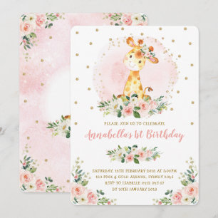 Invitation Girl Baby Giraffe Blush Gold Floral 1er anniversai