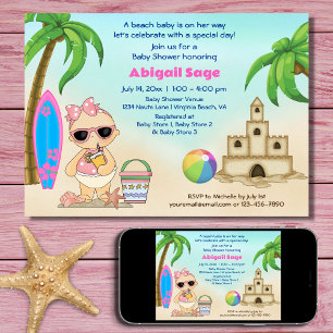 Invitation Girl Beach Baby Sandcastle, Baby shower Surfboard