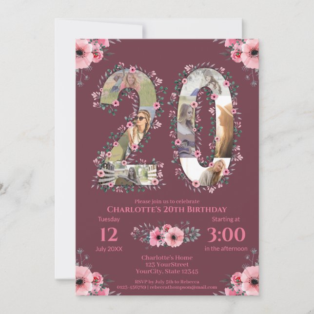 Invitation Girl Big 20th Birthday Photo Collage Fleur rose (Devant)