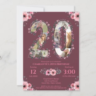 Invitation Girl Big 20th Birthday Photo Collage Fleur rose