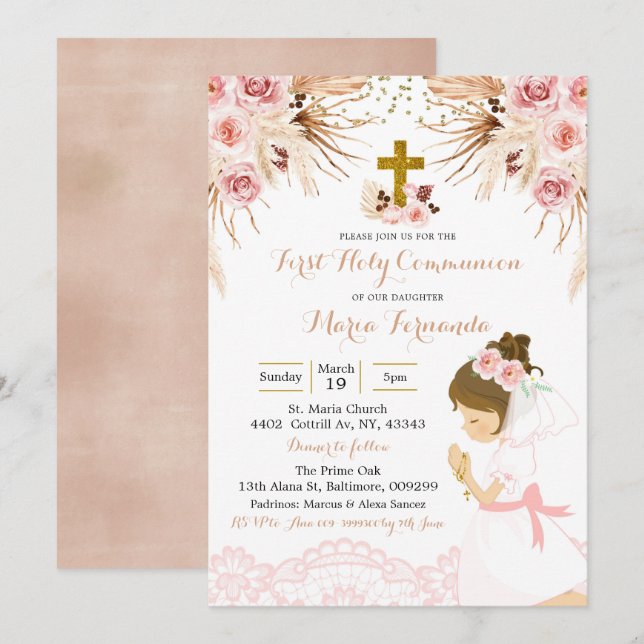 Invitation Girl Boho Pampas Floral première communion Invitat (Devant / Derrière)