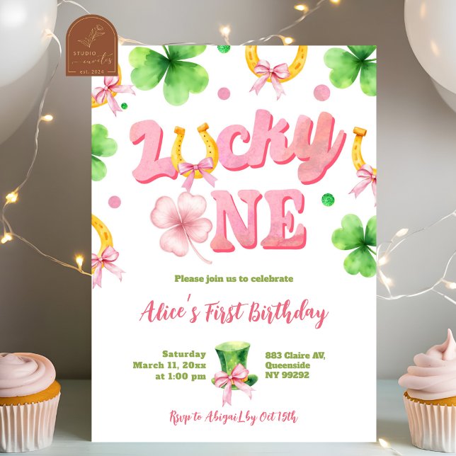 Invitation Girl Bow Glitter Lucky One St Patrick 1st Birthday (Créateur téléchargé)