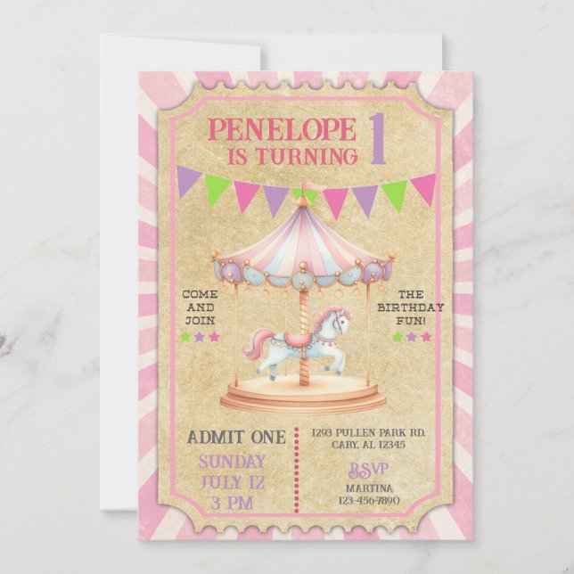 Invitation Girl carnival merry go round birthday invite. (Devant)