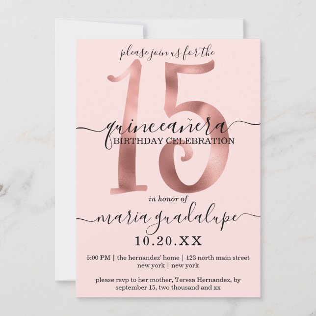 Invitation Girl Chic Faux Rose Or Blush Pink Quinceañera (Devant)