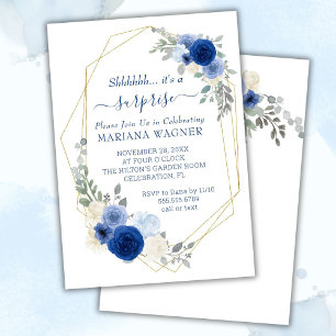 Invitation Girl Chic Navy Blue Floral Surprise Anniversaire