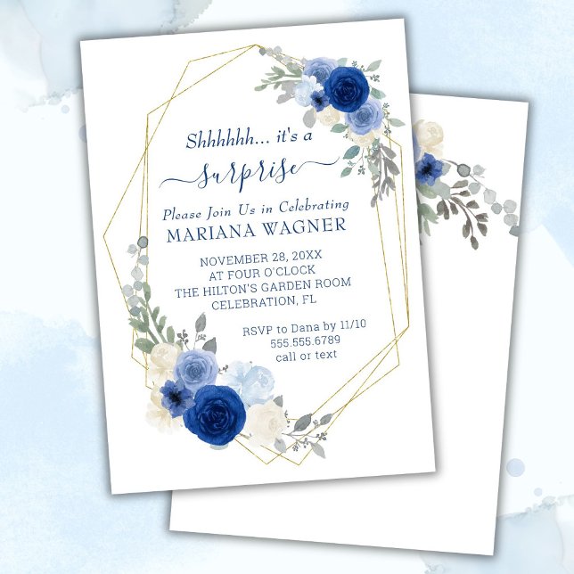 Invitation Girl Chic Navy Blue Floral Surprise Anniversaire (Créateur téléchargé)