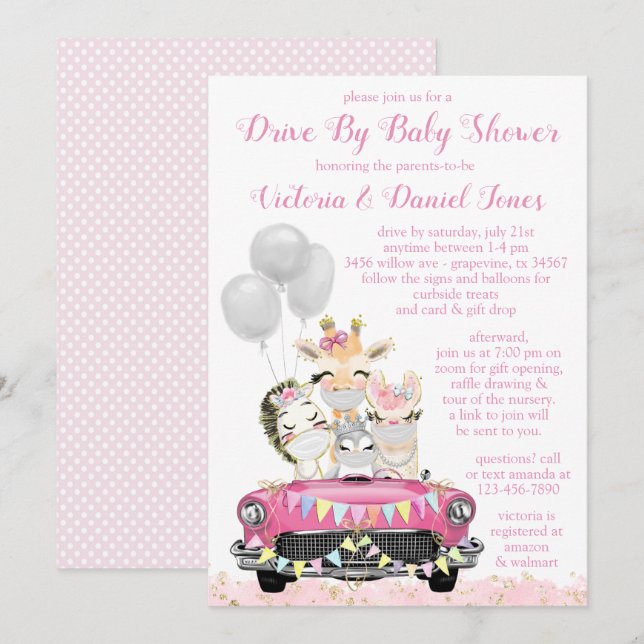 Invitation Girl Drive By Baby shower Animaux mignons en voitu (Devant / Derrière)