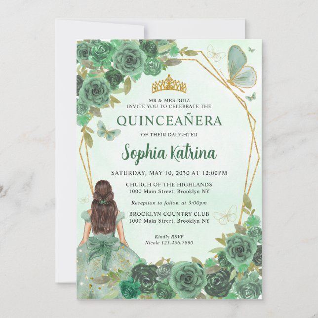 Invitation Girl Dusty Green Gold Floral Princess Quinceañera (Devant)