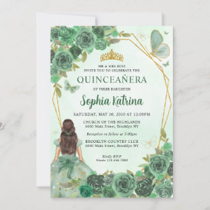 Invitation Girl Dusty Green Gold Floral Princess Quinceañera