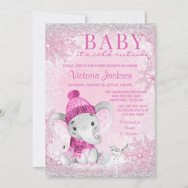 Invitation Girl Elephant Baby son froid dehors Baby shower da (Devant)