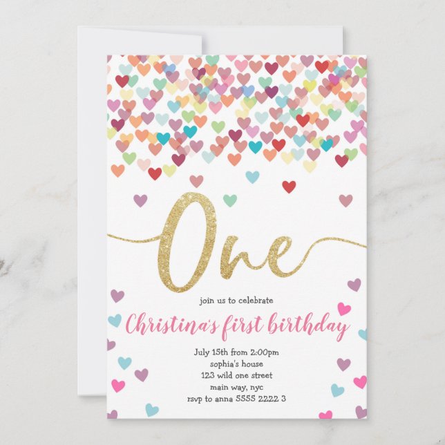 Invitation Girl First Birthday Hearts Rainbow Shower Parties  (Devant)